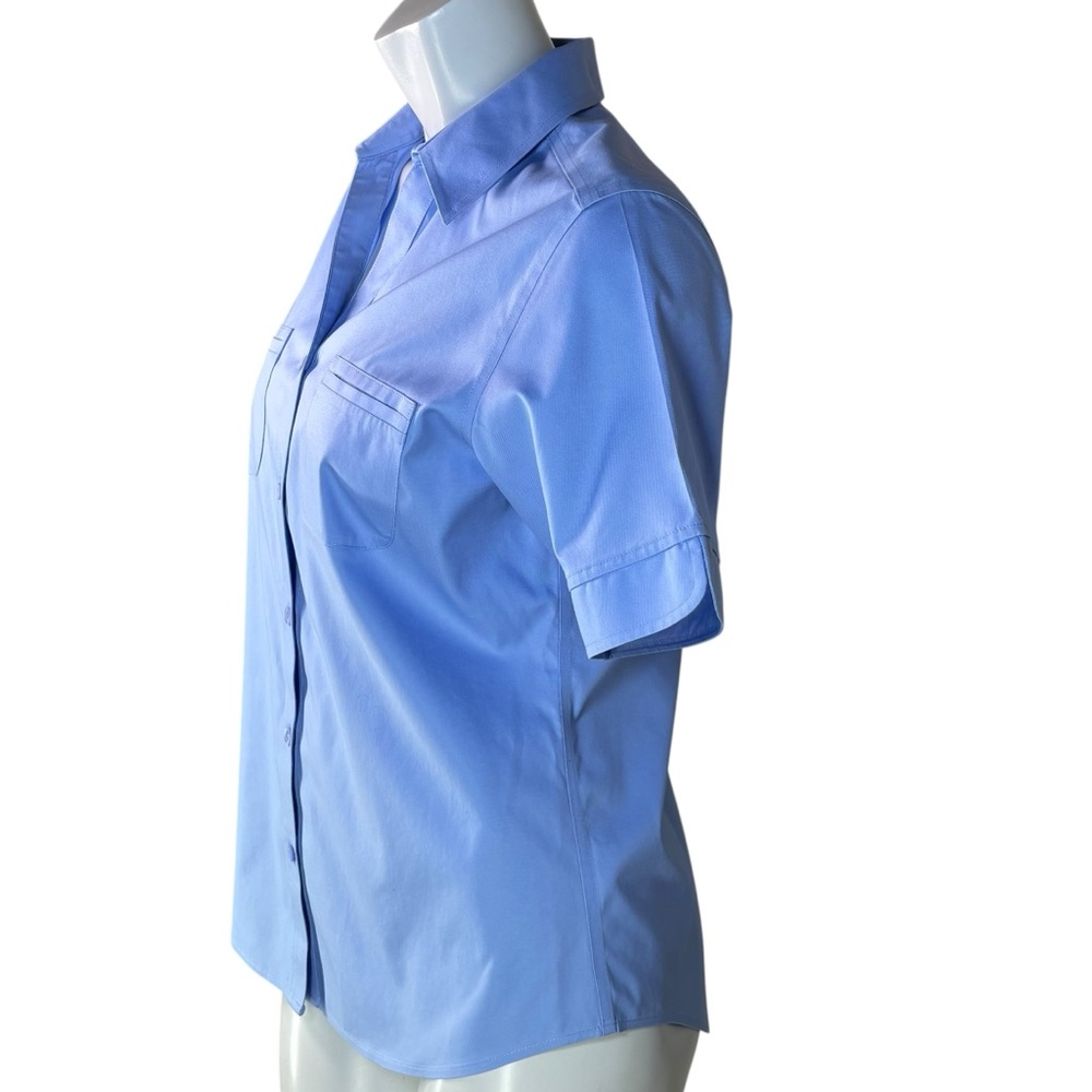 Chico's Blue No-Iron 100% Cotton Short Sleeve Button Down Blouse w/ Pockets Sz 1 - Picture 3 of 8
